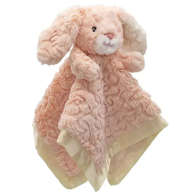 Soft pink bunny character blanket with plush texture and satin border, perfect for snuggling and comfort.