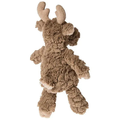 Soft, plush moose stuffed animal with fuzzy brown fur and antlers, designed for nursery use.