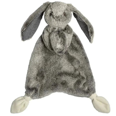 Grey Silky Bunny Lovey with a soft fabric body, striped inner ears, and knotted ends for comfort.