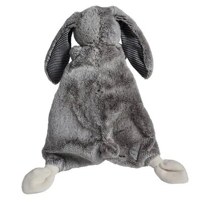Soft grey bunny lovey with plush body, striped ears, and white paws, designed for comfort and play.