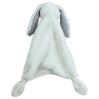 Silky Bunny Lovey by Mary Meyer in white, featuring soft fabric and striped ears for comfort and companionship.
