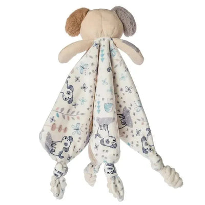 Stuffed animal lovey security blanket featuring a puppy design with soft fabric and knotted ends for comfort.