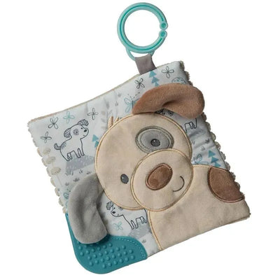 Crinkle teether toy shaped like a puppy, featuring textures, a squeaker, and a hanging ring for easy attachment.