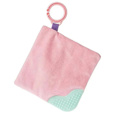 Mary Meyer Sweet Soothie Crinkle Teether Toy, featuring a pink plush texture and a mint green textured corner.