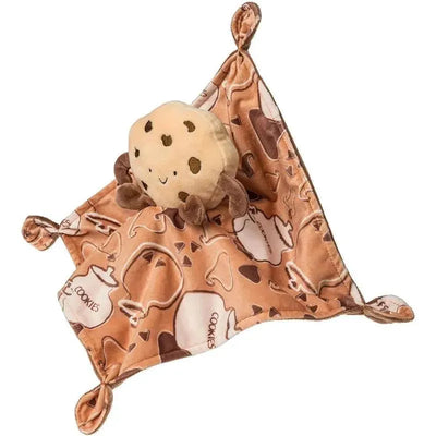 Chocolate chip cookie-shaped plush head attached to a soft, patterned security blanket featuring cookie designs.