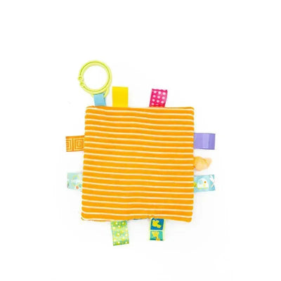 Soft, striped orange square toy with colorful tag ribbons and a green ring, designed for sensory play.