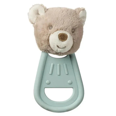 Simply silicone teether featuring a soft, plush bear head and a light blue handle, designed for soothing infants.