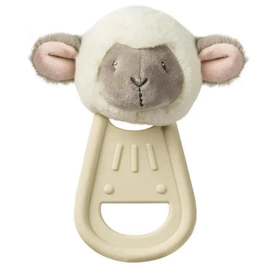 Simply silicone teether designed as a lamb, featuring soft fabric, easy grip handle, and measures 6 inches.
