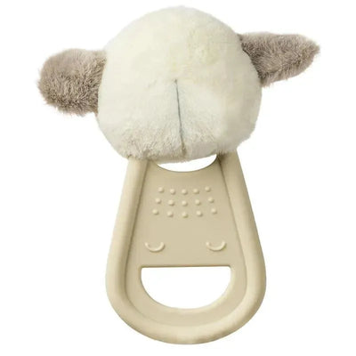 Soft lamb-shaped silicone teether with textured grip for babies, combining a plush head and sturdy handle.