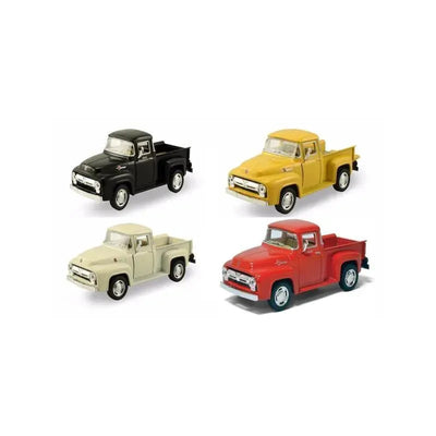 Assorted die-cast 1956 Ford F-100 pickup trucks in black, yellow, red, and cream colors.
