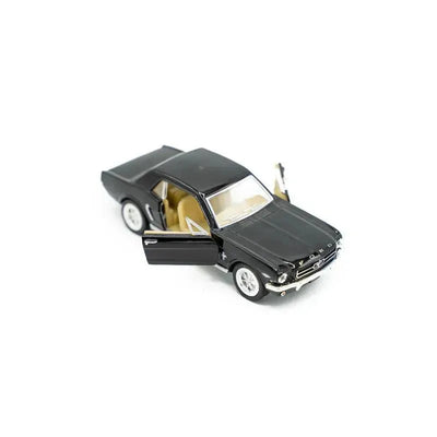 Black 1964 1/2 Ford Mustang model toy with open doors and detailed interior features.