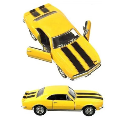Die-cast model of a yellow 1967 Chevy Camaro Z/28 with black stripes, showcasing open doors and detailed design.