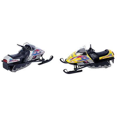 Assorted toy snowmobiles in black and yellow, featuring detailed designs and working parts for imaginative play.