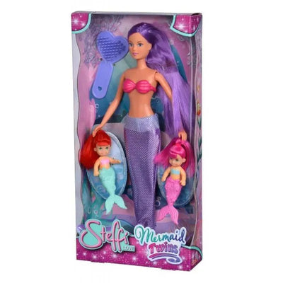 Steffi Mermaid Twins doll set featuring a large mermaid with purple hair and two smaller mermaid twin dolls in colorful tails.