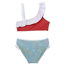 Baby girl bikini set featuring a red top with white ruffles and light blue bottoms decorated with colorful underwater motifs.