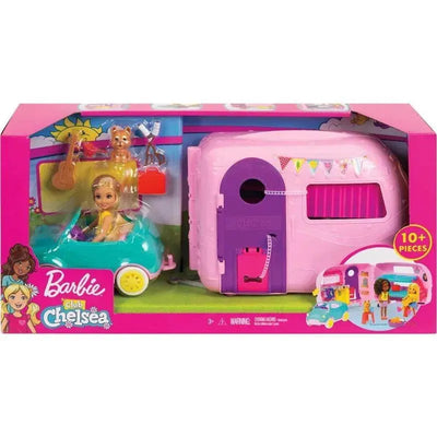 Barbie Chelsea Camper set featuring a blonde Chelsea doll in a teal car, with a pink camper and over 10 accessories.