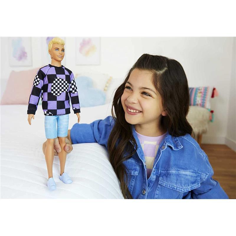 Mattel - Barbie Ken Doll, Blonde Cropped Hair in Checkered Sweater Image 4