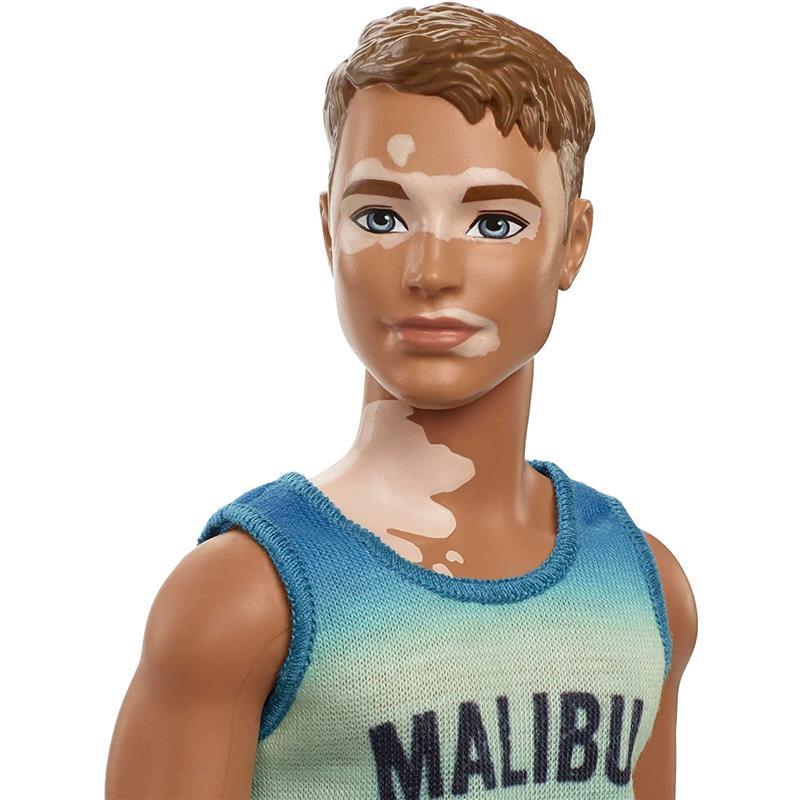 Mattel - Barbie Ken Doll, Brunette Cropped Hair & Vitiligo in Malibu Tank