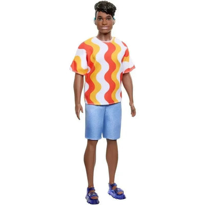Barbie Ken Fashionista doll wearing a colorful wavy-pattern shirt, denim shorts, and blue sandals.