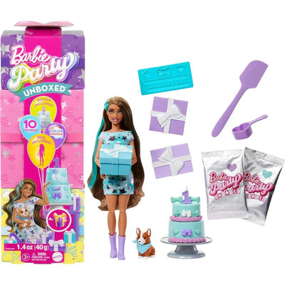 Barbie Party Unboxed doll with accessories, including a cake, gifts, and a dog figure, promoting creative play.