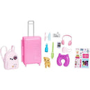 Malibu-themed Barbie travel set featuring a pink suitcase, backpack, accessories like a teddy bear, camera, headphones, and stickers.