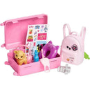 Pink suitcase filled with travel accessories: a yellow puppy, a purple cat-shaped float, stickers, and a small pink backpack.