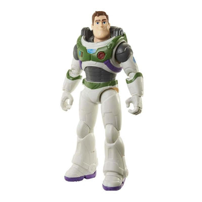 Large-scale action figure of Buzz Lightyear in a space ranger suit, featuring green, white, and purple details.