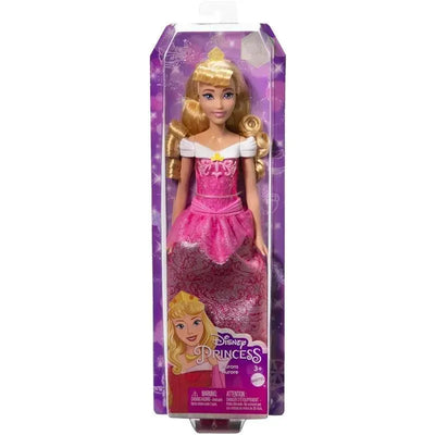 Disney Princess Core Doll of Aurora, featuring a pink gown with glitter and a tiara, packaged in a clear box.