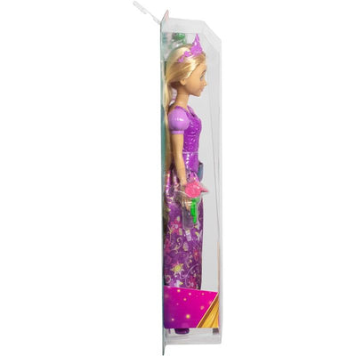 Rapunzel doll in a purple dress with a crown, holding a drink, displayed in transparent packaging.
