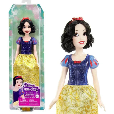 Disney Princess Snow White fashion doll in a blue and yellow gown, featuring a red bow and packaged in a display box.