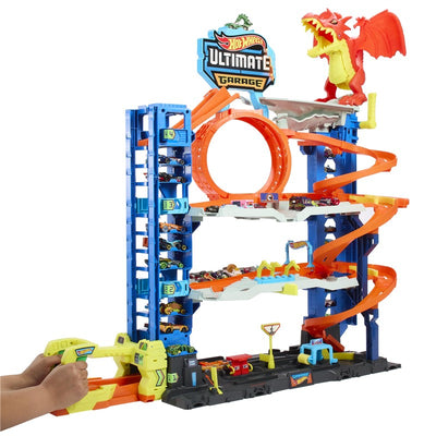 Mattel Hot Wheels City Ultimate Garage Track Set features multi-level tracks, a dragon, and various toy cars, with a launcher in use.