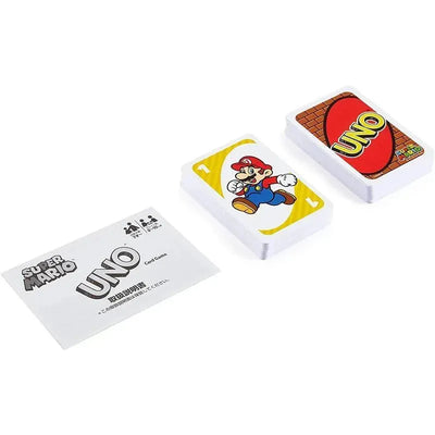 Uno Super Mario Bros card game featuring a Mario character card and the UNO logo on a distinctive red background.