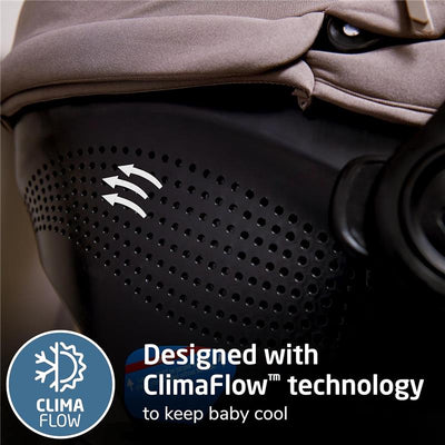 Maxi-Cosi Ambra Infant Car Seat in Truffle, showcasing ClimaFlow™ technology for improved airflow and cooling.