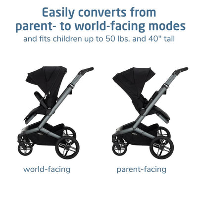 Modular stroller displayed in two configurations: world-facing and parent-facing, suitable for children up to 50 lbs and 40 inches tall.