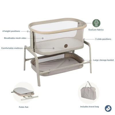Maxi-Cosi Iora Bedside Bassinet in Classic Oat, featuring breathable mesh sides, adjustable height, comfortable mattress, and large storage basket.
