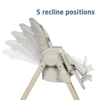 Maxi-Cosi Minla 6-In-1 Adjustable High Chair in Classic Oat, showcasing 5 adjustable recline positions.