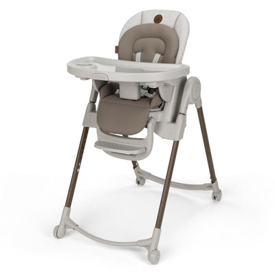 Maxi-Cosi Minla 6-in-1 High Chair in Truffle, featuring a padded seat, adjustable tray, and wheels for easy mobility.