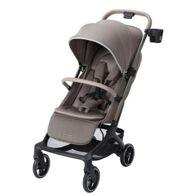 Lightweight Maxi-Cosi Oxford Cabin travel stroller in Truffle color, featuring a protective canopy and safety harness.