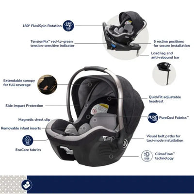 Maxi-Cosi Peri 180° rotating infant car seat in Onyx Heritage with safety features and adjustable components highlighted.