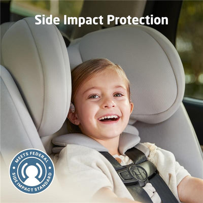 Convertible car seat featuring a smiling child securely seated, with a focus on side impact protection details.