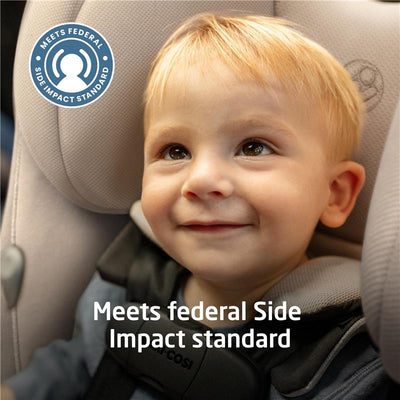 Maxi-Cosi Pria Max All-in-One Convertible Car Seat in Caspian Caviar, featuring a smiling child and a side impact safety standard badge.