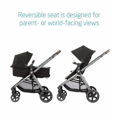 Maxi-Cosi Zelia2 Luxe Travel System in New Hope Tan, showcasing a reversible seat for parent- or world-facing views.