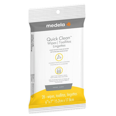 Medela Quick Clean Breast Pump & Accessory Wipes package with text highlighting usage for cleaning without soap or water.