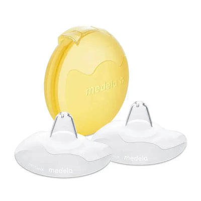 Contact nipple shields from Medela, 16mm size, in white packaging with a yellow storage case.