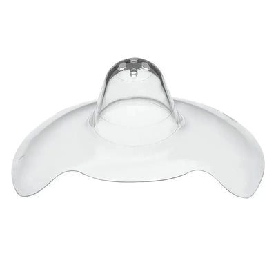 Contact nipple shield in transparent plastic with a rounded top and wide base for breastfeeding support.