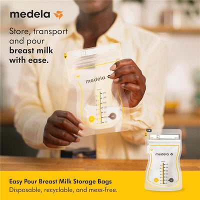 Disposable Medela Easy Pour Breastmilk Storage Bag held by a person, showcasing measurement markings for convenient use.