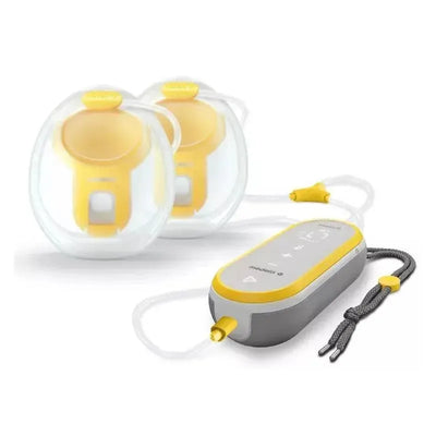 Hands-free electric breast pump by Medela, featuring two breast shields and a control unit with buttons for operation.