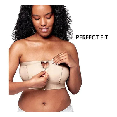 Hands-free pumping bustier in chai color, being adjusted by a woman, highlighting the perfect fit feature.
