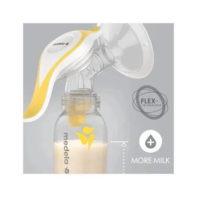 Manual breast pump by Medela featuring Flex Shields, designed for comfortable one-handed use and more milk extraction.
