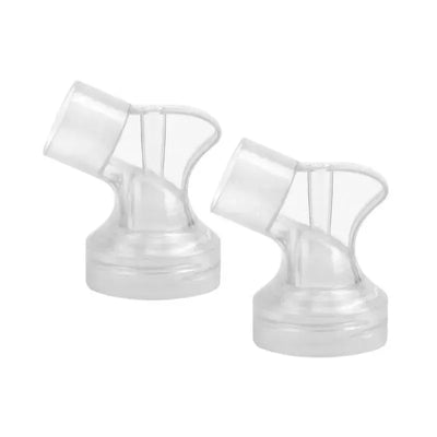 PersonalFit connectors for Medela Pump in Style Advanced, transparent with a curved design, two pieces displayed.